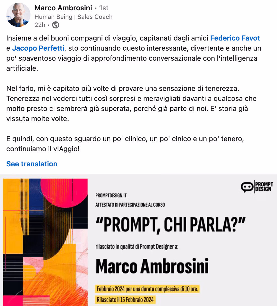 Feedback 130 di uno studente del corso Prompt, Chi Parla?