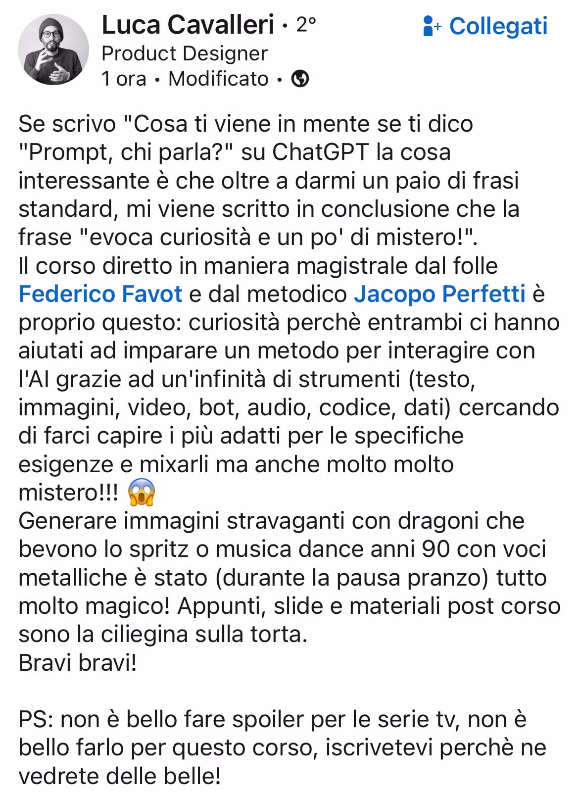 Feedback 124 di uno studente del corso Prompt, Chi Parla?