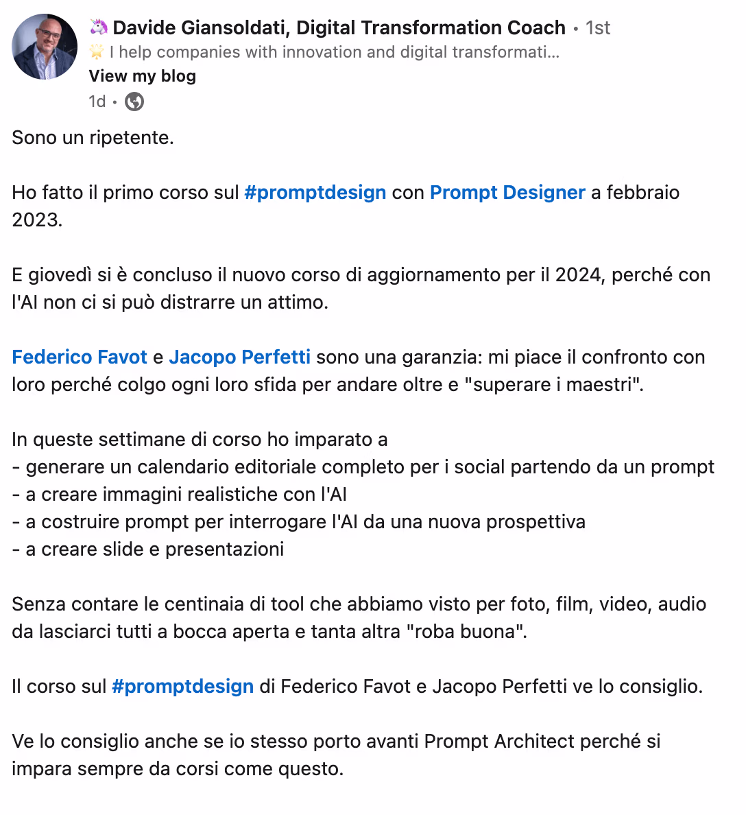 Feedback 108 di uno studente del corso Prompt, Chi Parla?