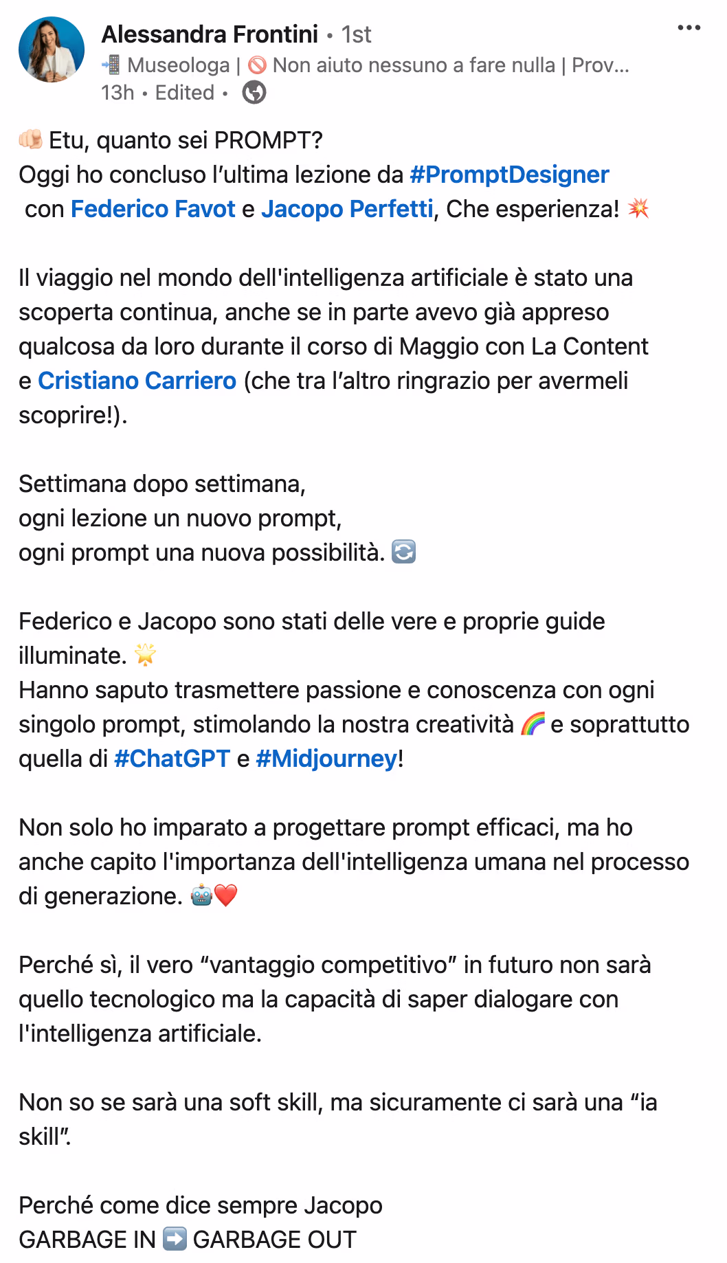 Feedback 95 di uno studente del corso Prompt, Chi Parla?
