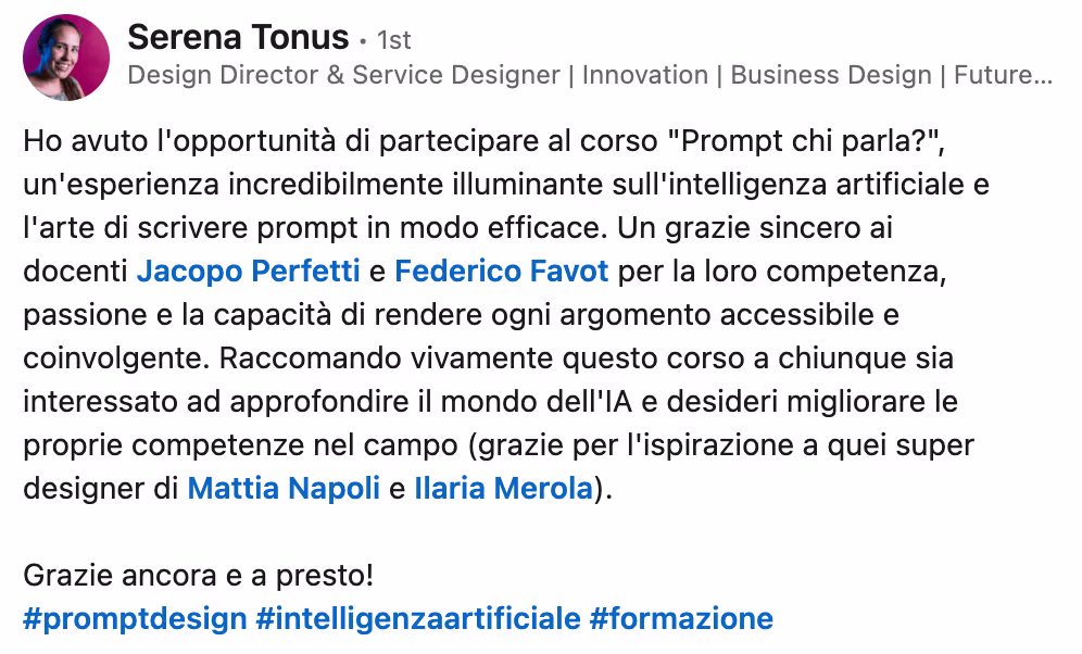 Feedback 166 di uno studente del corso Prompt, Chi Parla?