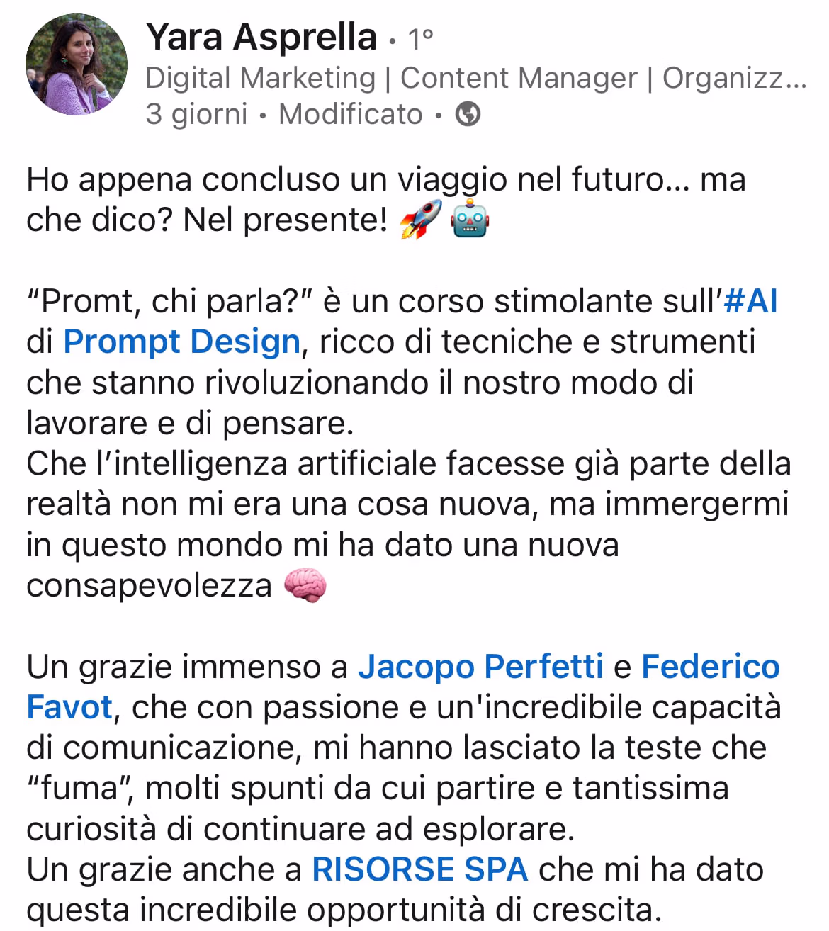 Feedback 89 di uno studente del corso Prompt, Chi Parla?