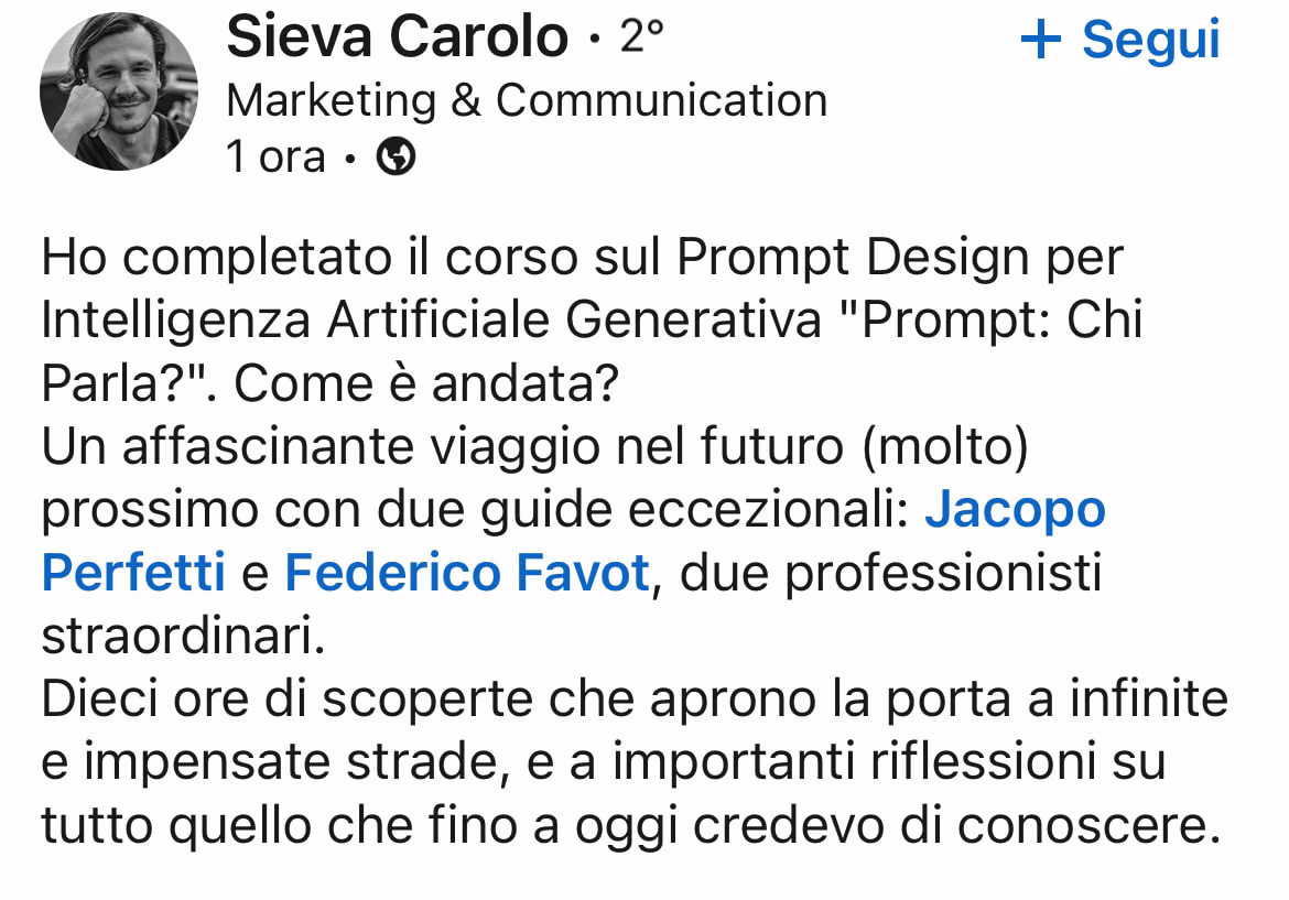Feedback 85 di uno studente del corso Prompt, Chi Parla?