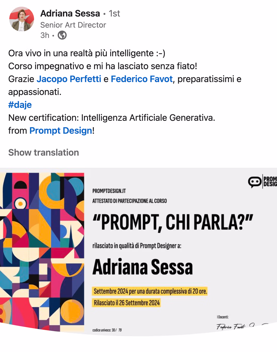 Feedback 78 di uno studente del corso Prompt, Chi Parla?