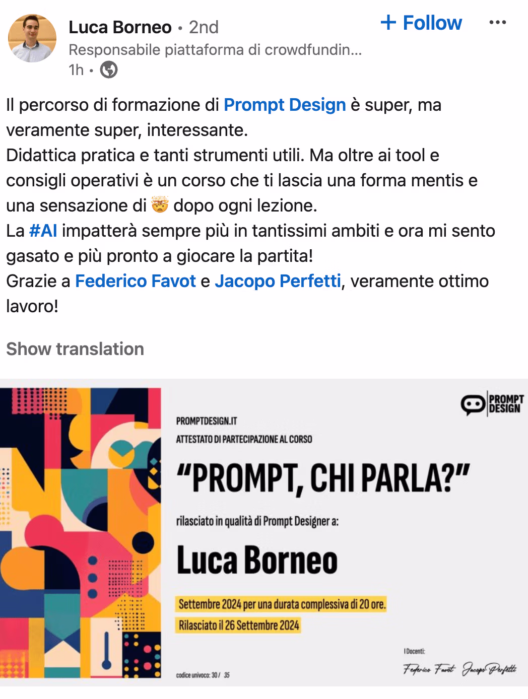 Feedback 77 di uno studente del corso Prompt, Chi Parla?