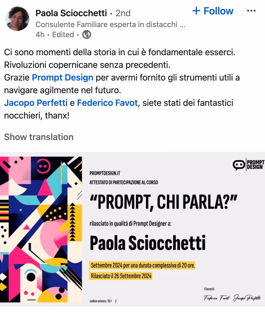 Feedback 76 di uno studente del corso Prompt, Chi Parla?