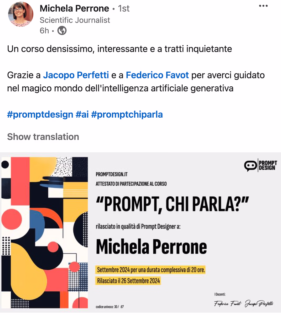 Feedback 71 di uno studente del corso Prompt, Chi Parla?