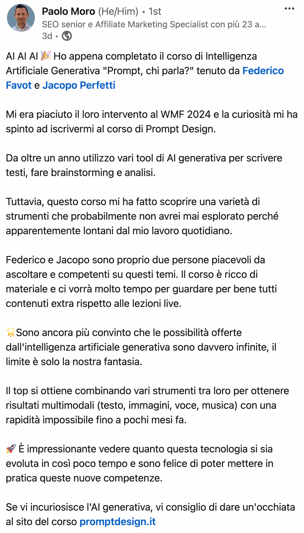 Feedback 67 di uno studente del corso Prompt, Chi Parla?