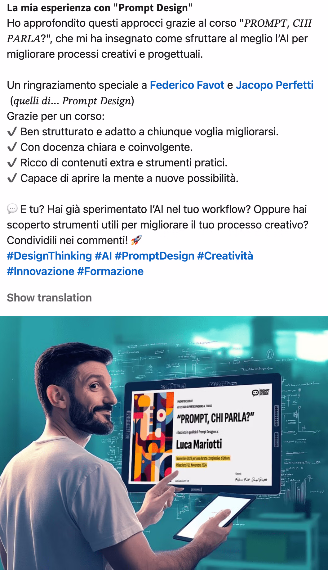 Feedback 60 di uno studente del corso Prompt, Chi Parla?