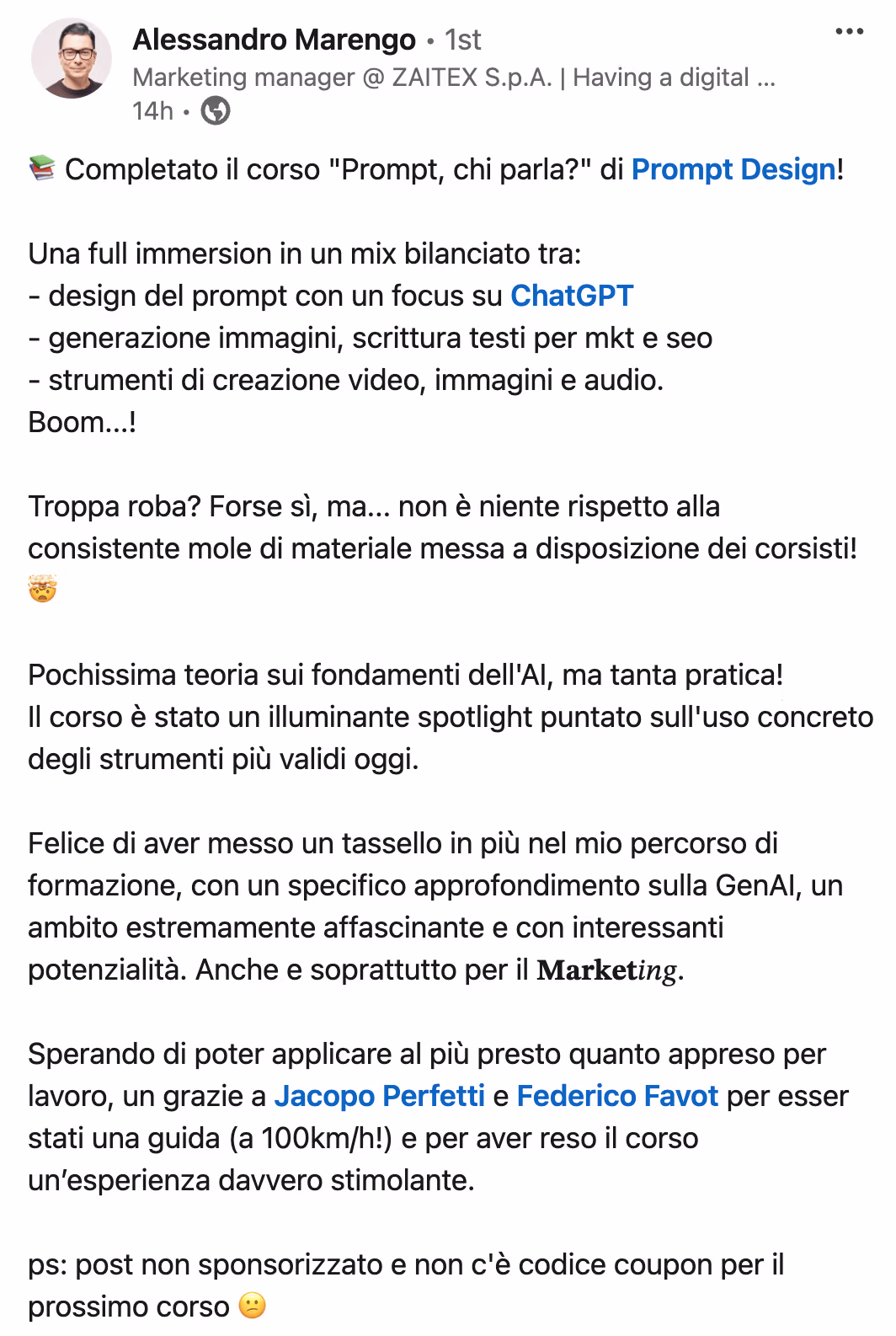 Feedback 53 di uno studente del corso Prompt, Chi Parla?