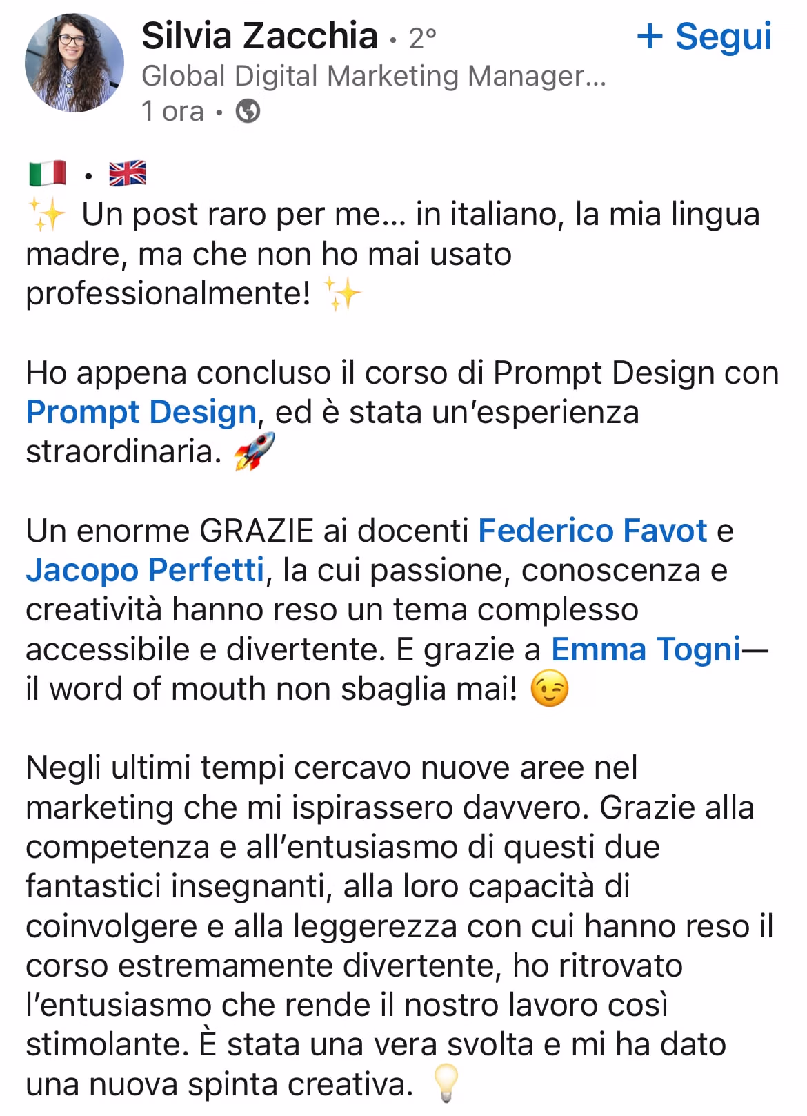 Feedback 50 di uno studente del corso Prompt, Chi Parla?