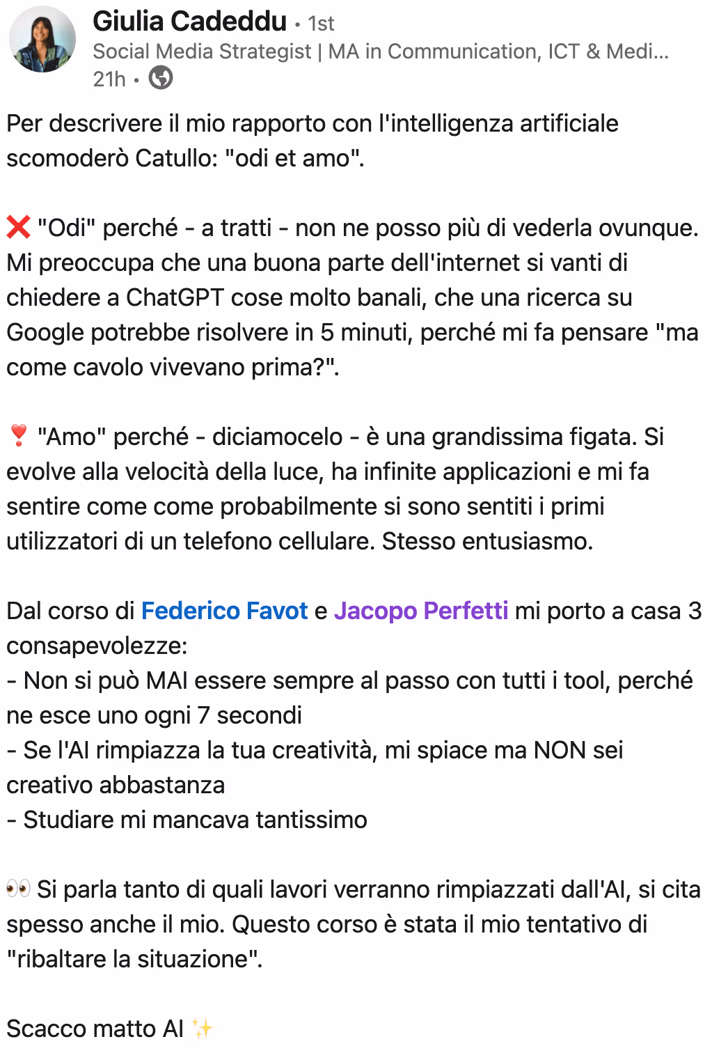 Feedback 42 di uno studente del corso Prompt, Chi Parla?