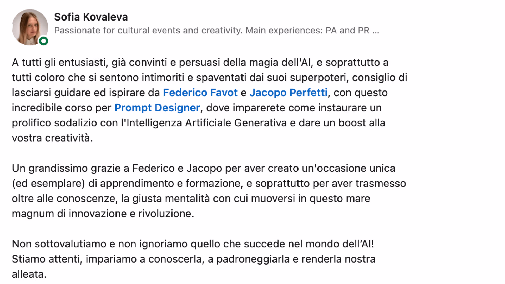 Feedback 154 di uno studente del corso Prompt, Chi Parla?