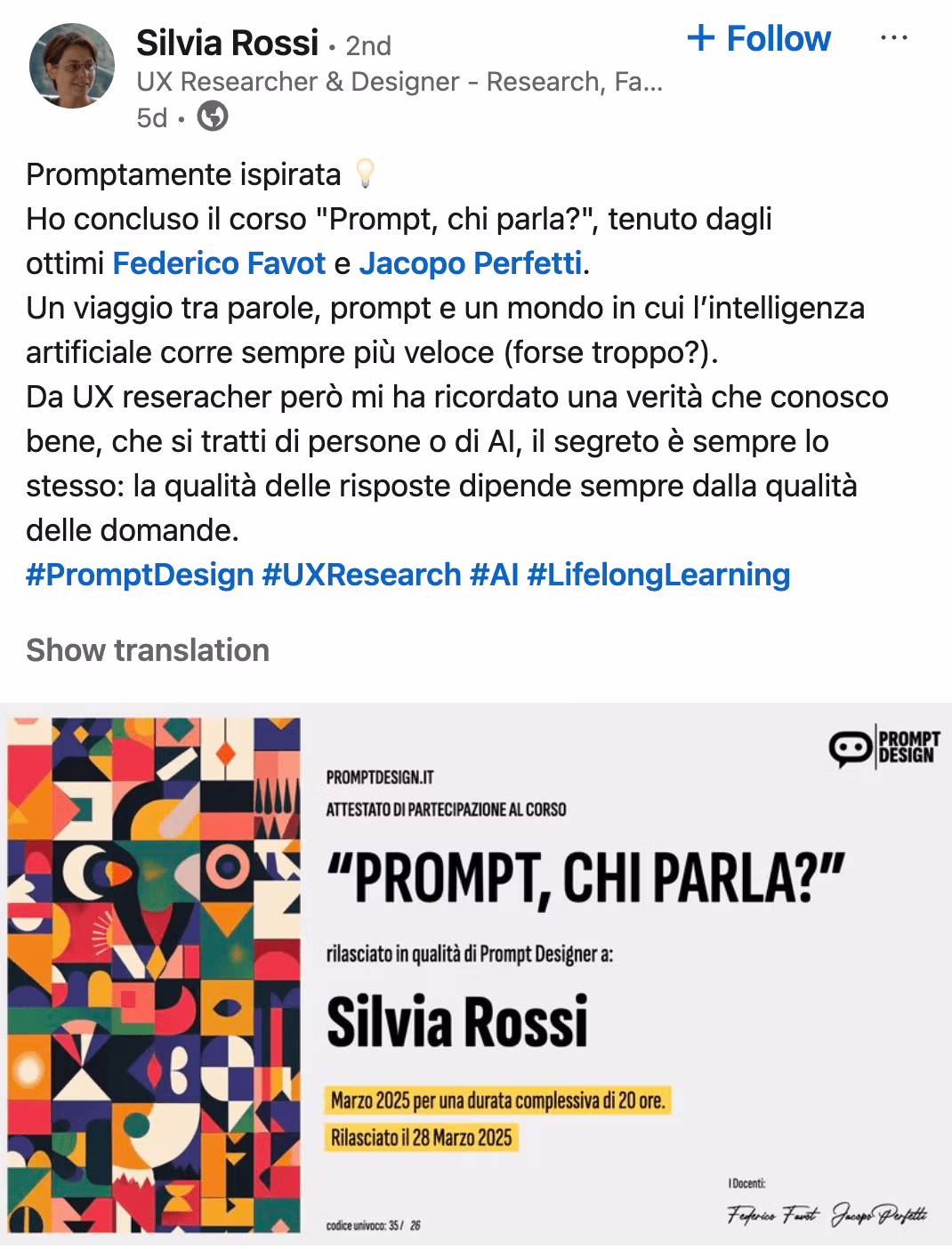 Feedback 25 di uno studente del corso Prompt, Chi Parla?