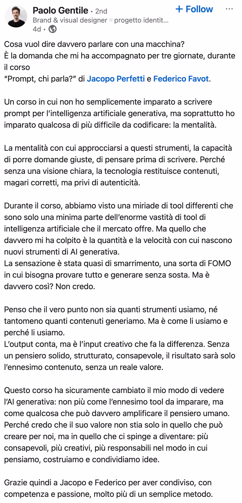 Feedback 23 di uno studente del corso Prompt, Chi Parla?