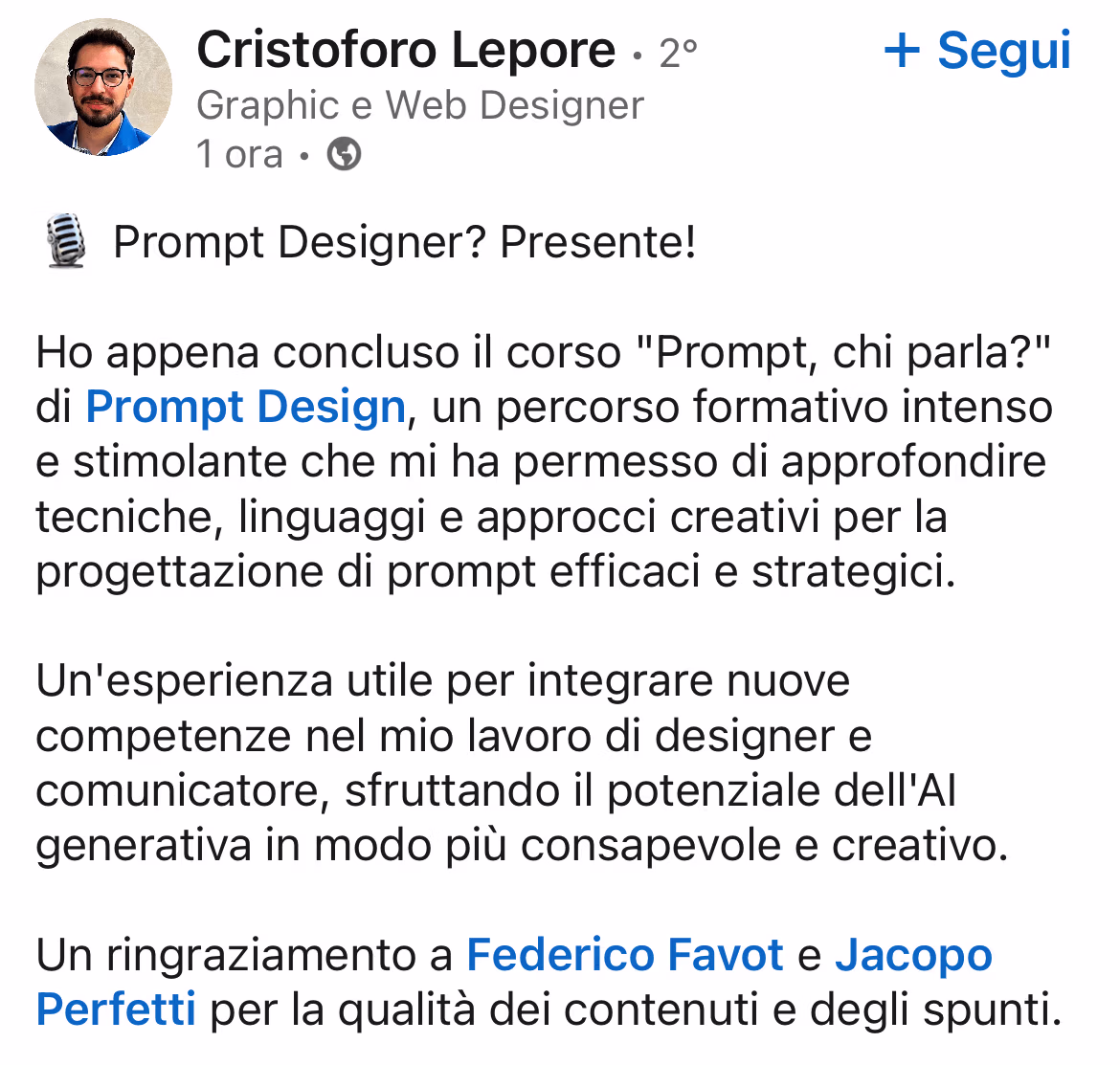 Feedback 13 di uno studente del corso Prompt, Chi Parla?