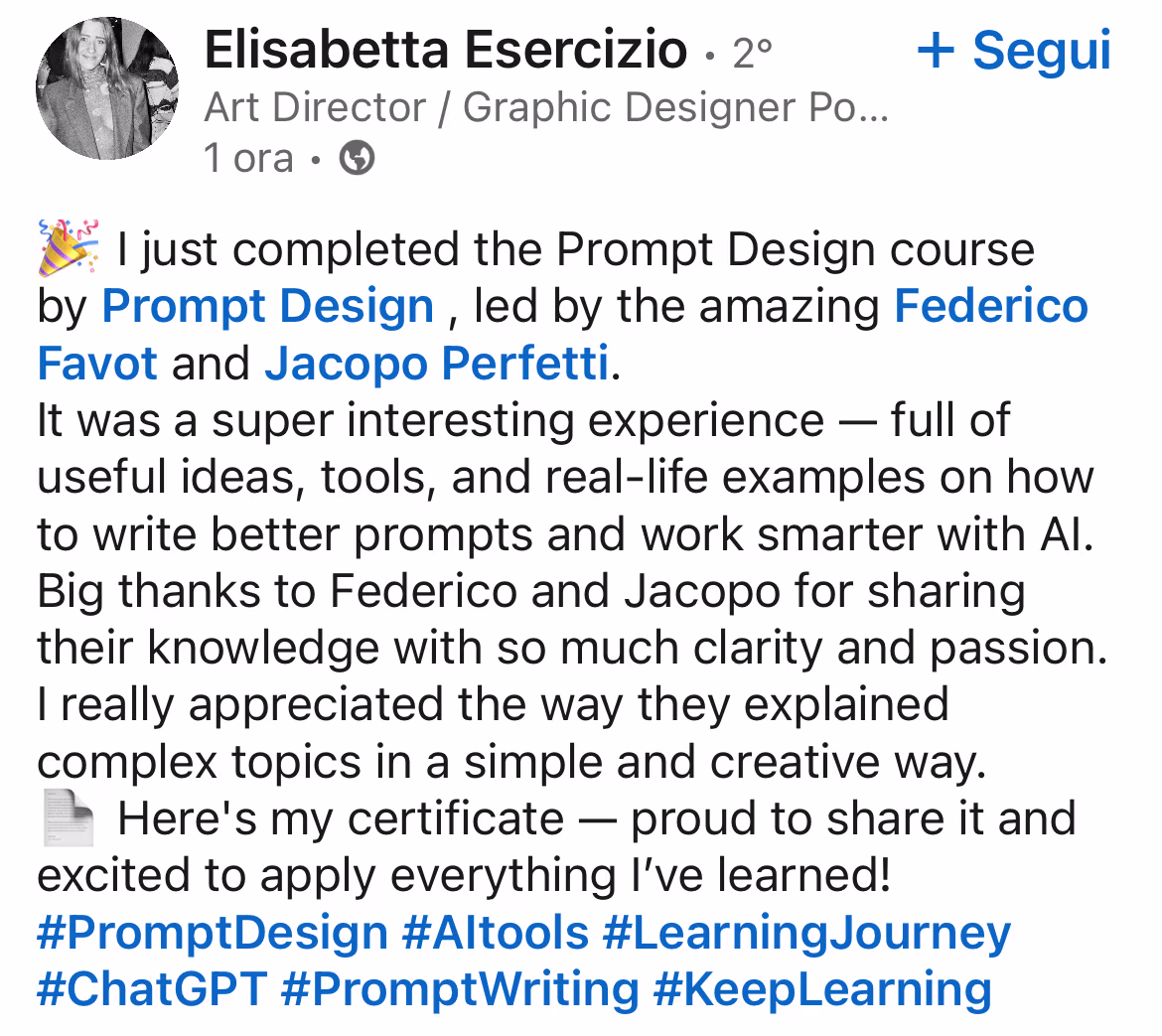 Feedback 11 di uno studente del corso Prompt, Chi Parla?