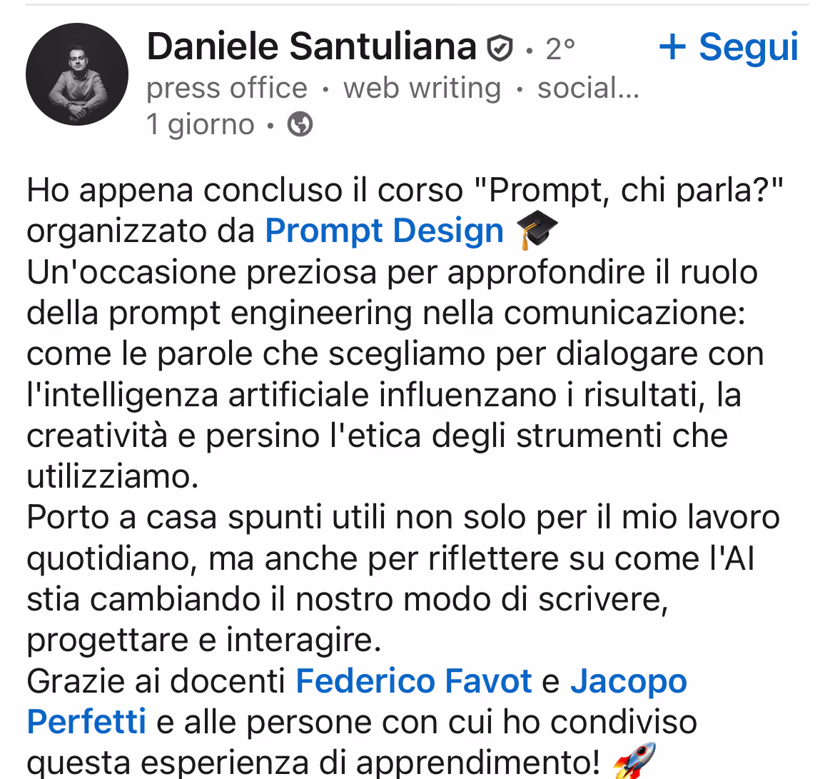 Feedback 9 di uno studente del corso Prompt, Chi Parla?