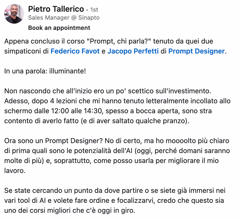 Feedback 175 di uno studente del corso Prompt, Chi Parla?
