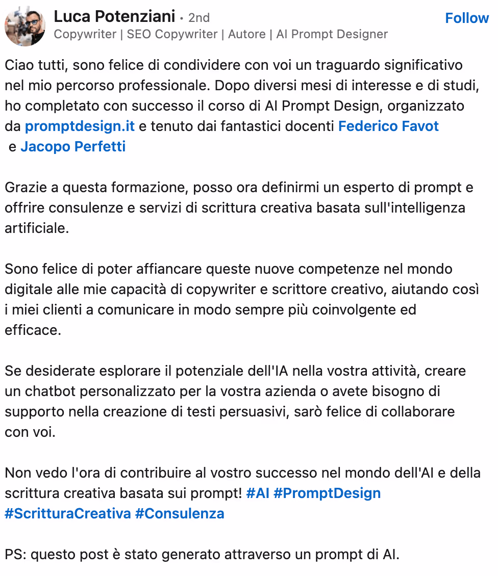 Feedback 180 di uno studente del corso Prompt, Chi Parla?