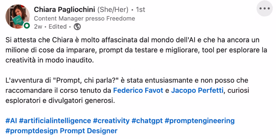 Feedback 195 di uno studente del corso Prompt, Chi Parla?