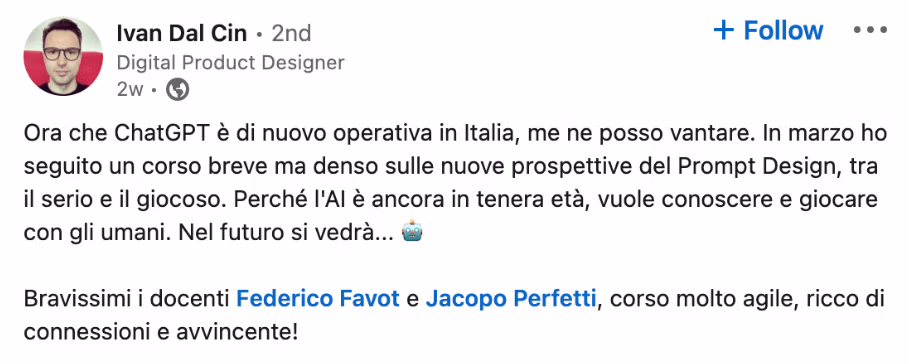 Feedback 202 di uno studente del corso Prompt, Chi Parla?