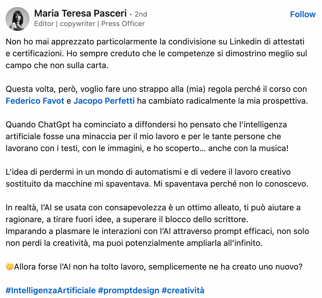 Feedback 210 di uno studente del corso Prompt, Chi Parla?