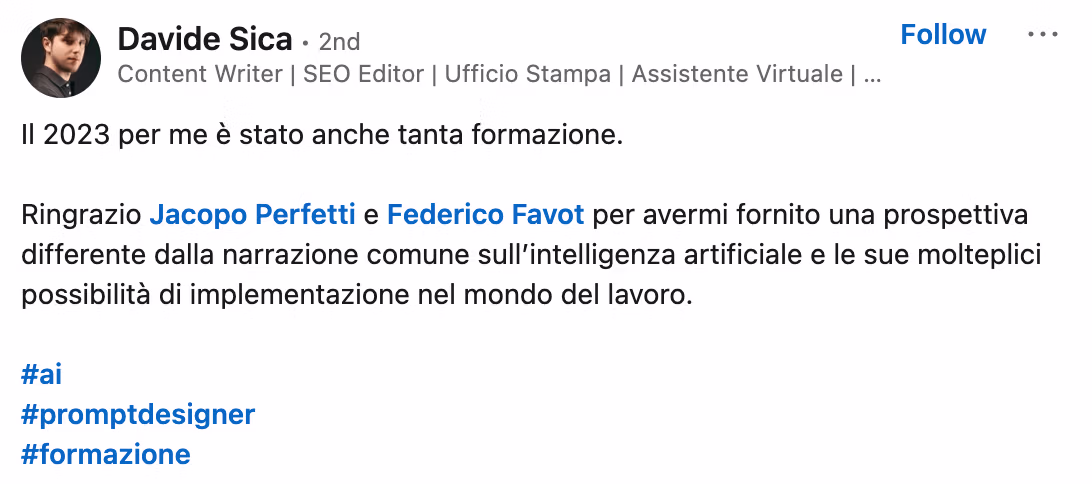 Feedback 211 di uno studente del corso Prompt, Chi Parla?