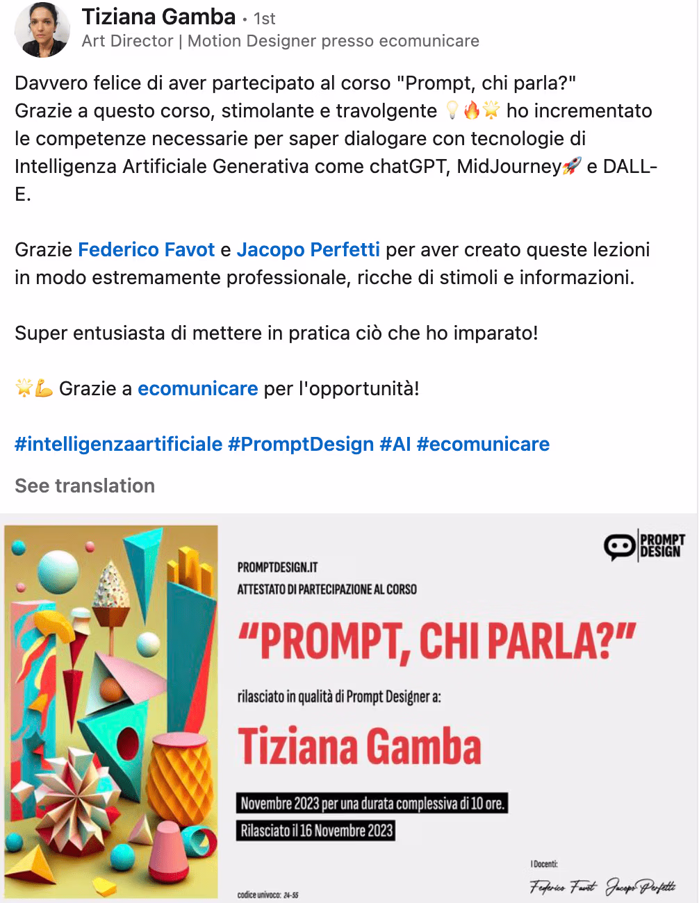 Feedback 159 di uno studente del corso Prompt, Chi Parla?