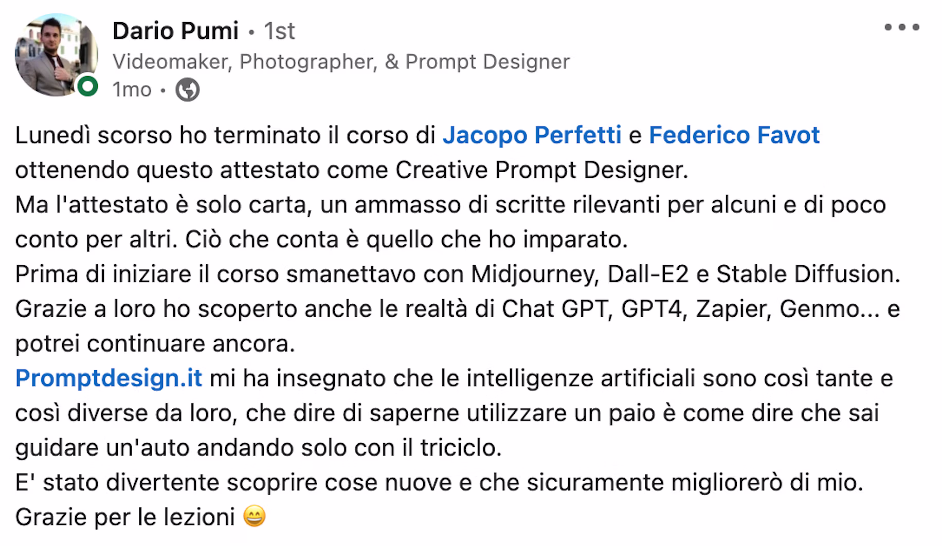 Feedback 225 di uno studente del corso Prompt, Chi Parla?