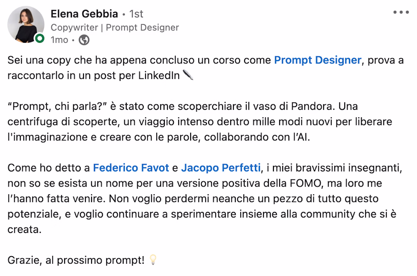 Feedback 226 di uno studente del corso Prompt, Chi Parla?