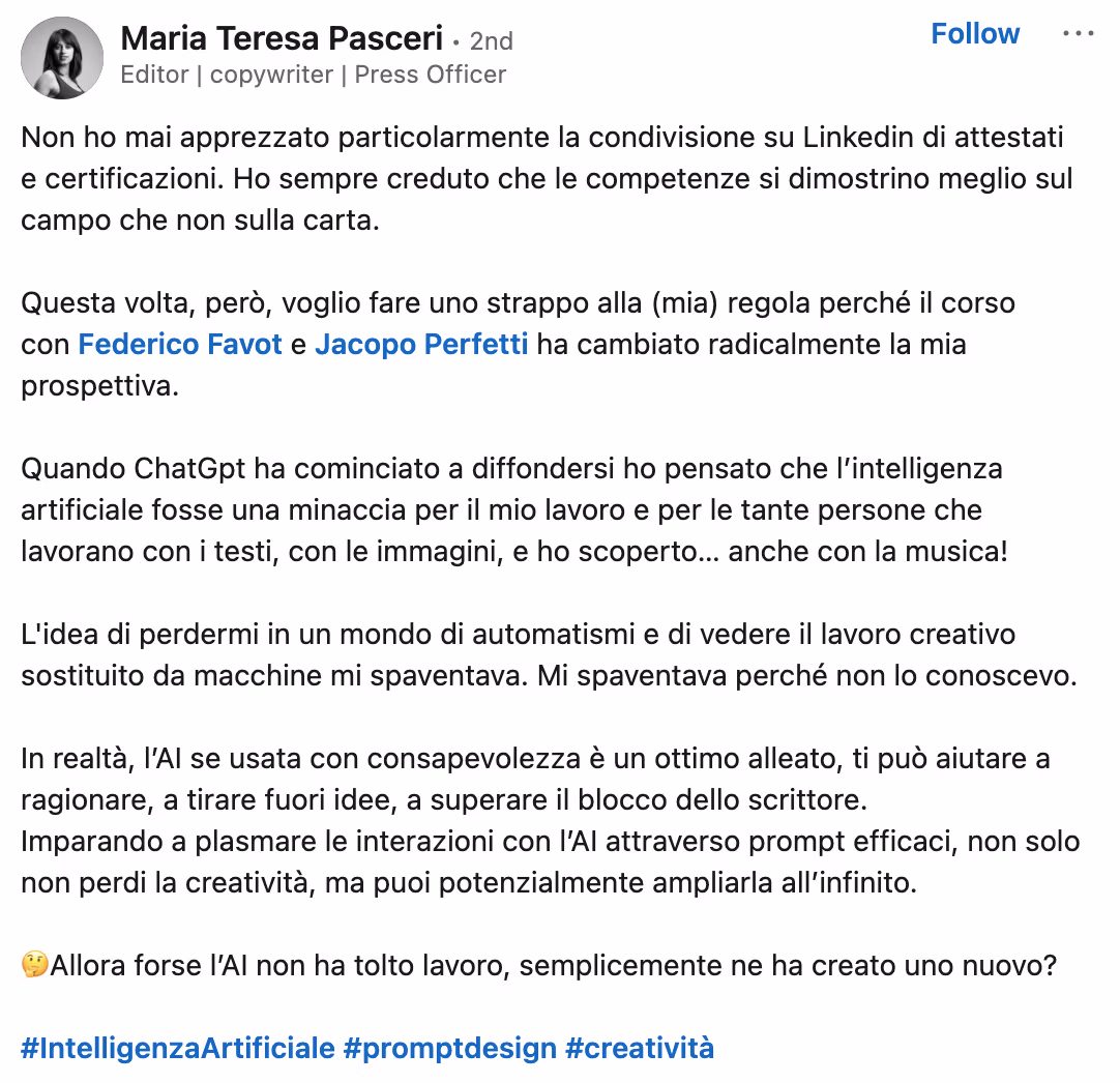 Feedback 229 di uno studente del corso Prompt, Chi Parla?