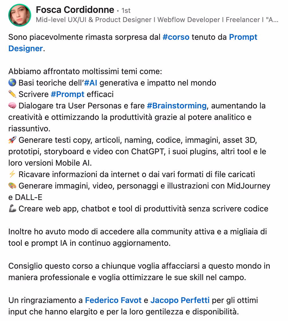 Feedback 160 di uno studente del corso Prompt, Chi Parla?