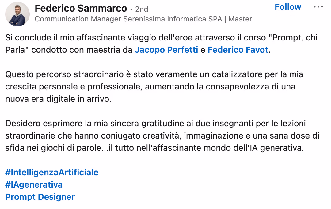 Feedback 145 di uno studente del corso Prompt, Chi Parla?