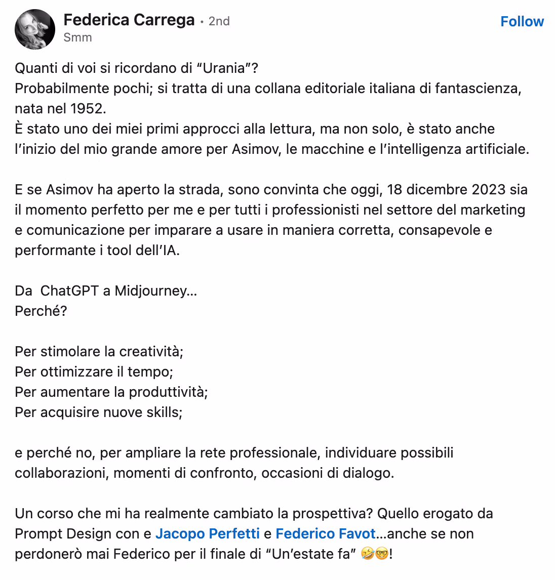 Feedback 147 di uno studente del corso Prompt, Chi Parla?