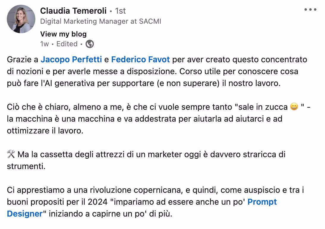 Feedback 149 di uno studente del corso Prompt, Chi Parla?