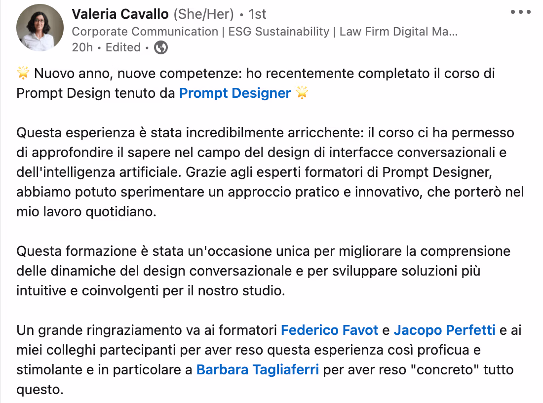 Feedback 150 di uno studente del corso Prompt, Chi Parla?