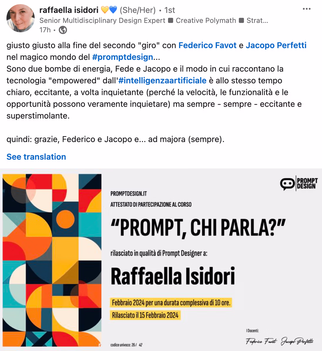 Feedback 138 di uno studente del corso Prompt, Chi Parla?