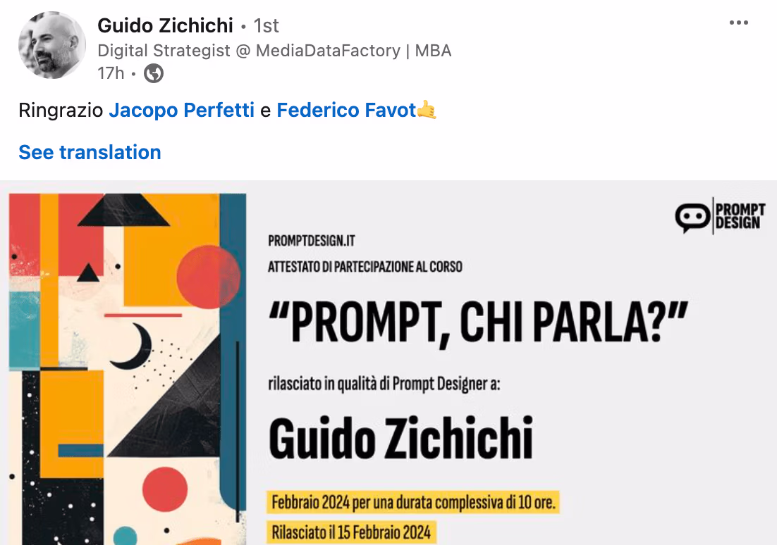 Feedback 137 di uno studente del corso Prompt, Chi Parla?