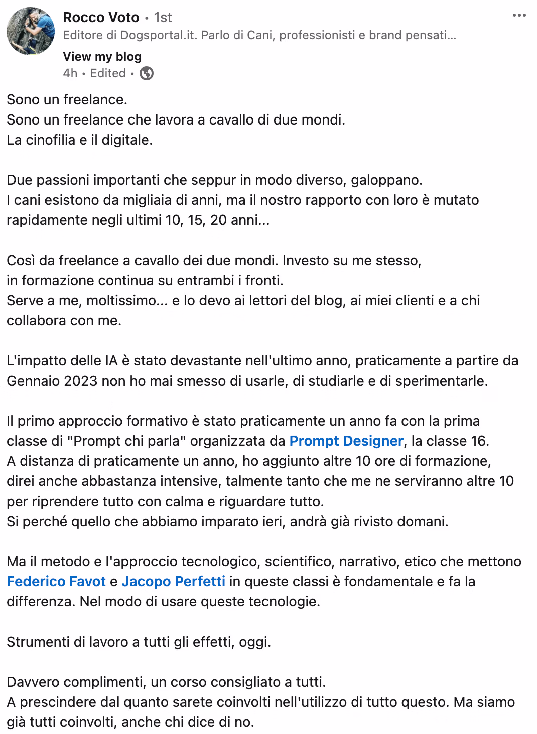 Feedback 134 di uno studente del corso Prompt, Chi Parla?